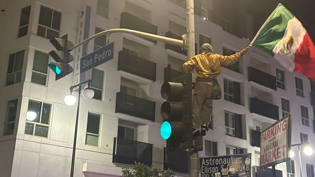 Man scales light pole and waves Mexican flag during Los Angeles protests