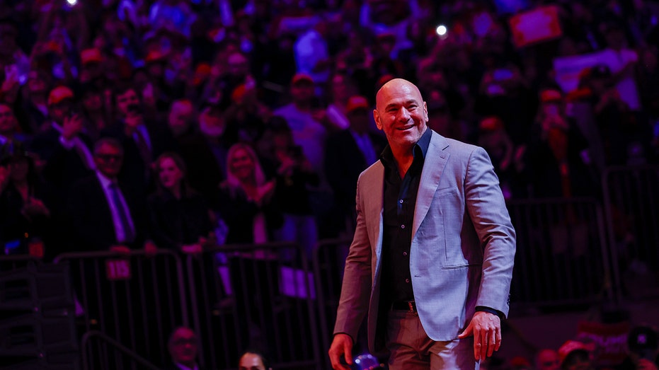 Dana White wearing a grey suit while at a campaign rally