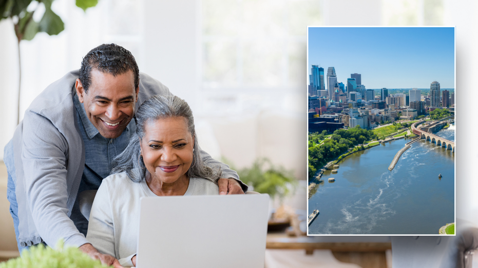 Split image of retired couple, aerial view of Midwest