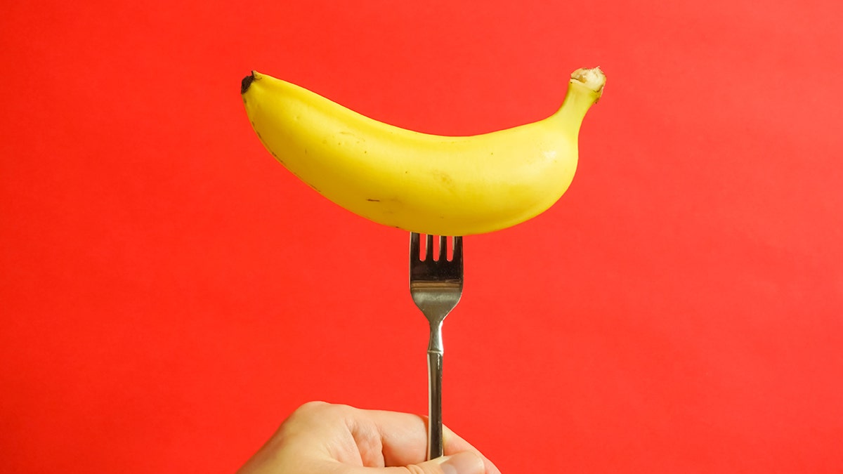 A hand holds a fork sticking into a banana in front of a bright red background.